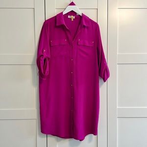 Calvin Klein Hibiscus Pink Roll Sleeve Button Down Dress: Size Large